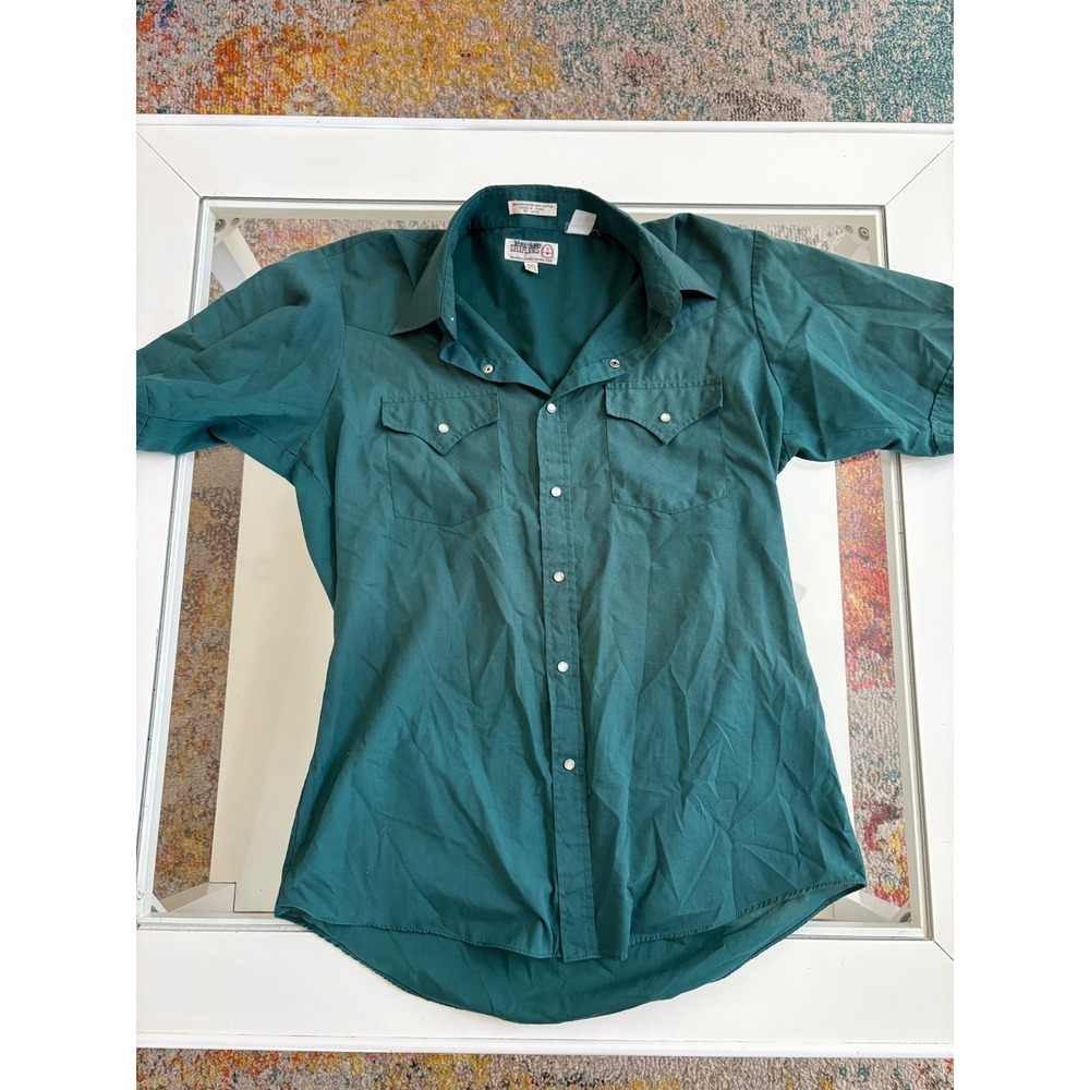 Vintage Sheplers Mens Western Pearl Snap Shirt Short Sleeve Teal Green 15.5
